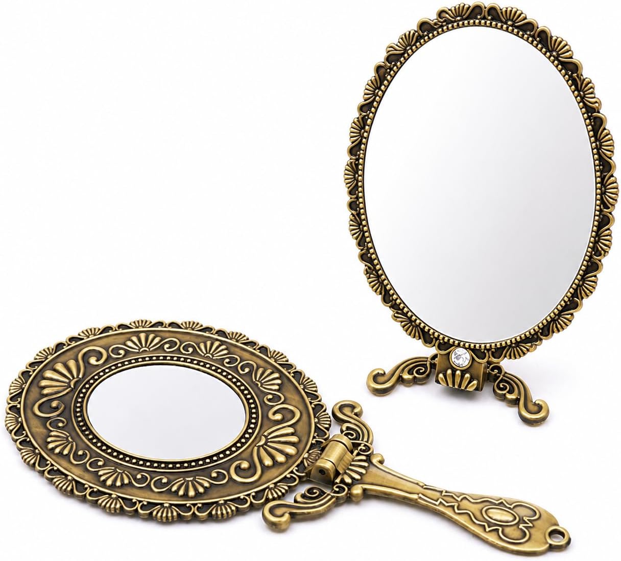 SEHAMANO Vintage Hand Mirror, Double-Sided Magnifying Mirror, Matte Gold | Metal frame, Folding handle, Handheld or tabletop use