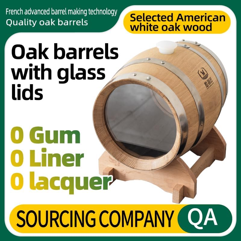 Gallon Oak Aging Barrel With glass mirror with Stand, Bung - Wooden Mini Whiskey Barrel - Charred Oak Barrels for Aging Whiskey, Bourbon, Cocktails, Rum, Tequila, Mead Wine (5L)
