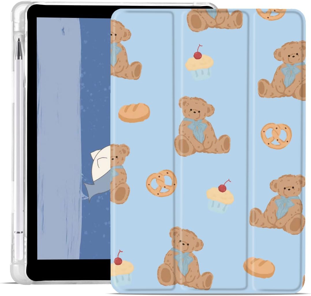 Cute Animal Case for iPad (A16) 11th Generation 2025 11" /iPad 10th Generation 2022 10.9" Kawaii Bear Girly Protective Cover Trifold Stand Blue Leather Soft Back with Pencil Holder