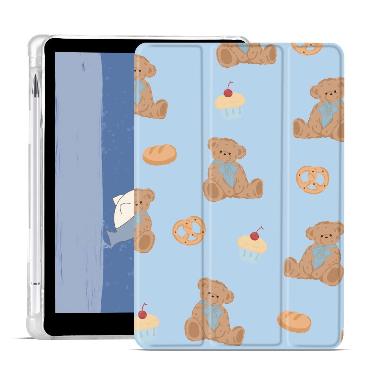 Cute Animal Case for iPad (A16) 11th Generation 2025 11" /iPad 10th Generation 2022 10.9" Kawaii Bear Girly Protective Cover Trifold Stand Blue Leather Soft Back with Pencil Holder