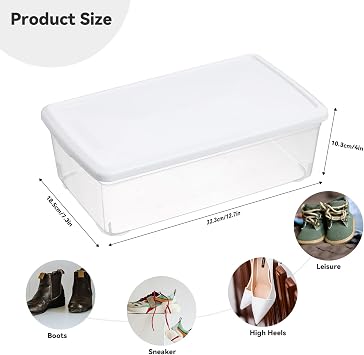 novelinks 12 Pack 6QT Plastic Storage Bins with Lids, Shoe Boxes (White)