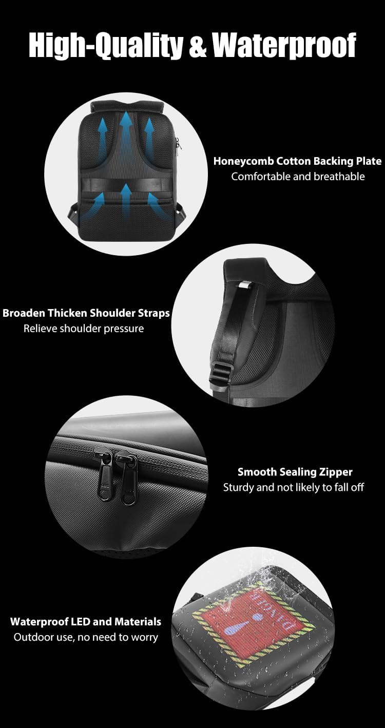 LED Backpack Waterproof with UHD 96 * 128 Pixel LED Display Screen, App Control Customized LED Bag for Motorcycle, 16-inch Laptop, Travel, Advertisement, Graffiti, School, Party (Black)