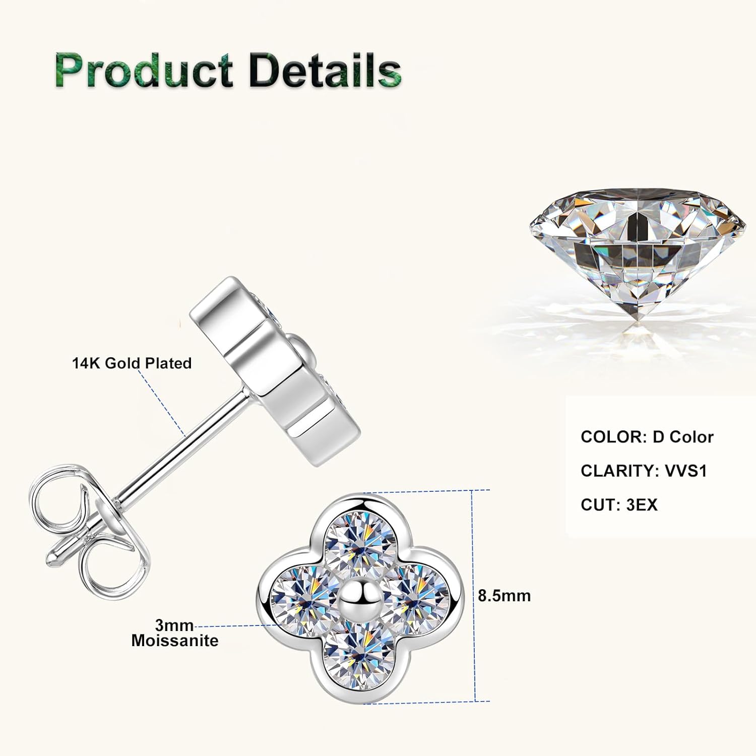 Four Leaf Moissanite Stud Earrings, 3mm D Color VVS1 Lab Created Imitation Diamond 14K Gold Plated Lucky Clover Earrings for Women Birthday Jewelry Gifts - Image 5