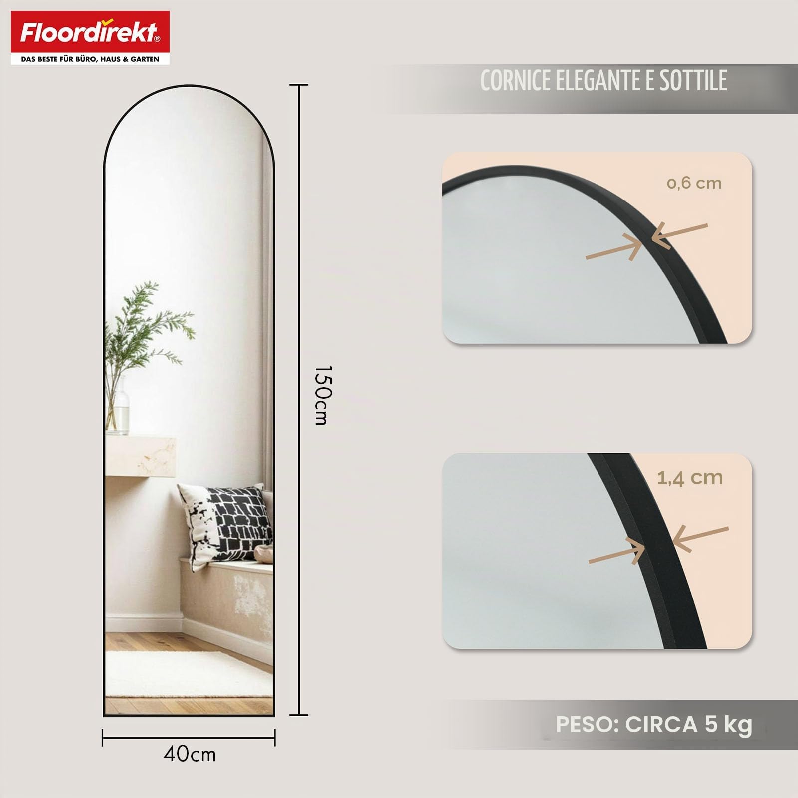 Floordirekt Specchio intero da 150 x 40 cm, specchio curvo, telaio in lega di alluminio, vetro temperato, per camera da letto, soggiorno, guardaroba, nero Madison