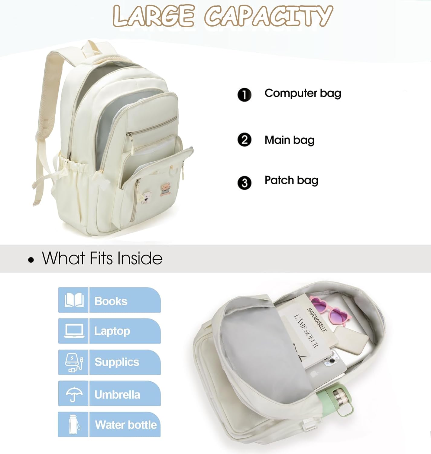 Kawaii Girls Backpack with Lunch Box Set, Cute Aesthetic Backpack Teens Bookbag for Middle High School (Beige)