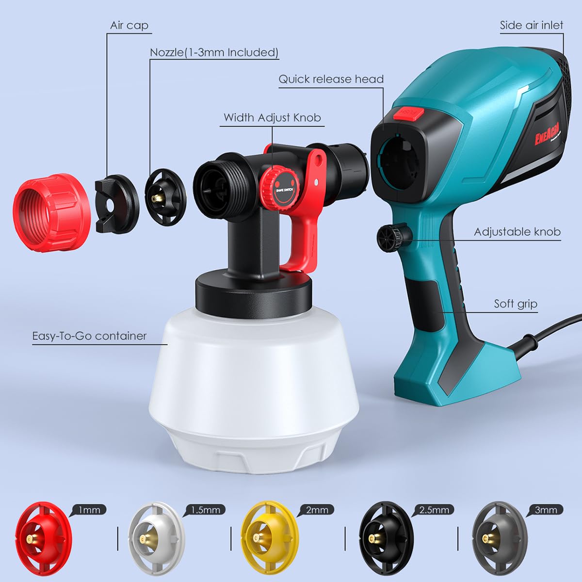 ENEACRO HVLP Pistola de Pintura, 700W Pulverizador Eléctrico con Contenedor de 1200ml, Flujo y Ángulo de Rociado Ajustables, 5 Boquillas de Latón para Interiores y Exteriores