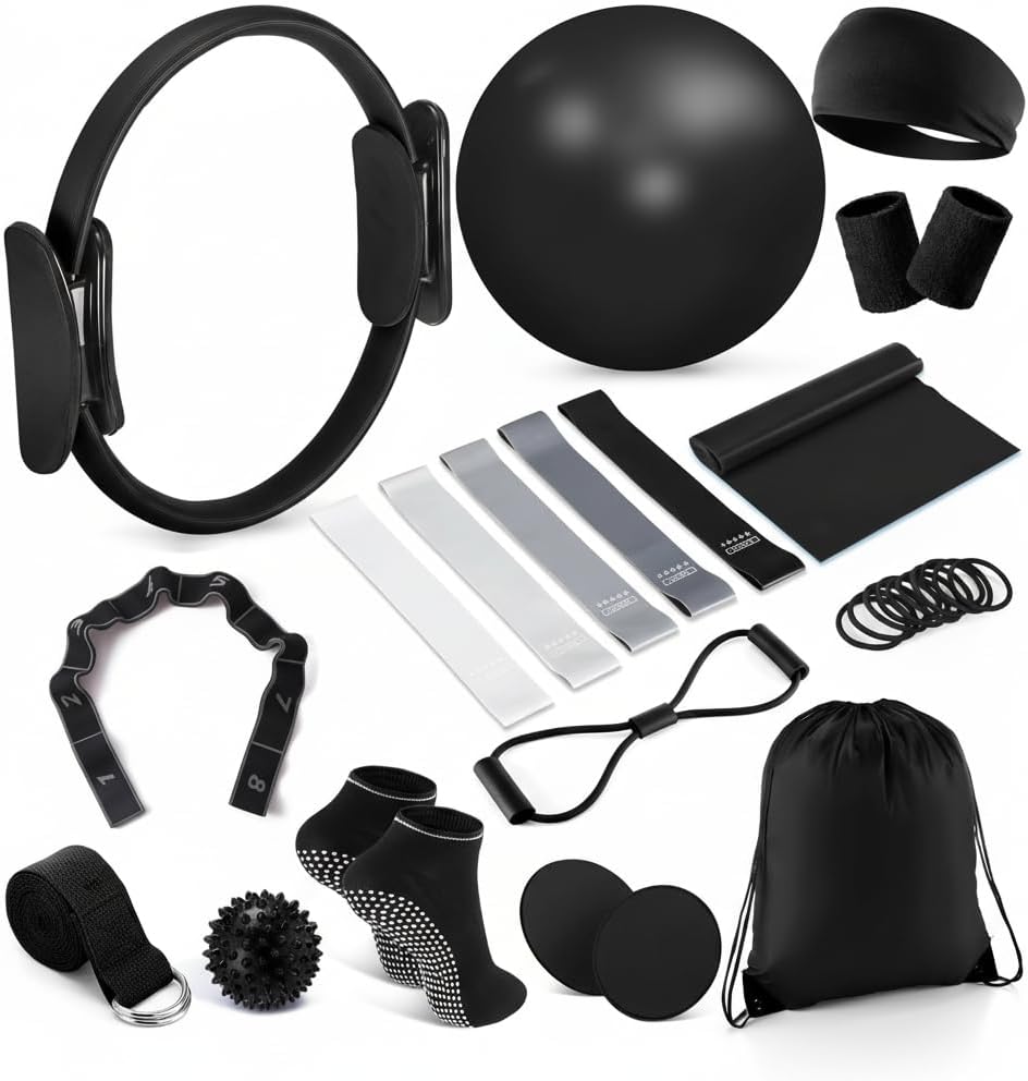 Wysteria Ventures 18-Piece Pilates Ring Circle Set – 14.97" Pilates Ring, 9.84" Yoga Ball, Resistance Bands, Figure-8 Band, Yoga Strap, Non-Slip Socks & Gym Bag – Complete Home Workout Kit for Women
