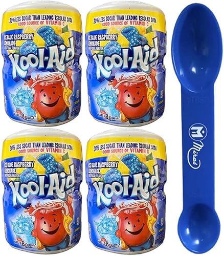 (Pack of 4) Kool-Aid Caffeine Free Blue Raspberry Lemonade Sweetened Powdered Drink Mix 20 oz Canisters (Free Miras Trademark 2-in-1 Measuring Spoon Included!)