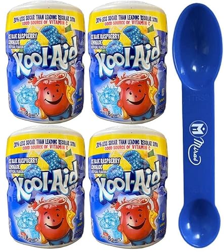 (Pack Of 4) Kool-Aid Caffeine Free Blue Raspberry Lemonade Sweetened Powdered Drink Mix 20 Oz Canisters (Free Miras Trademark 2-In-1 Measuring Spoon Included!) #TOP3
