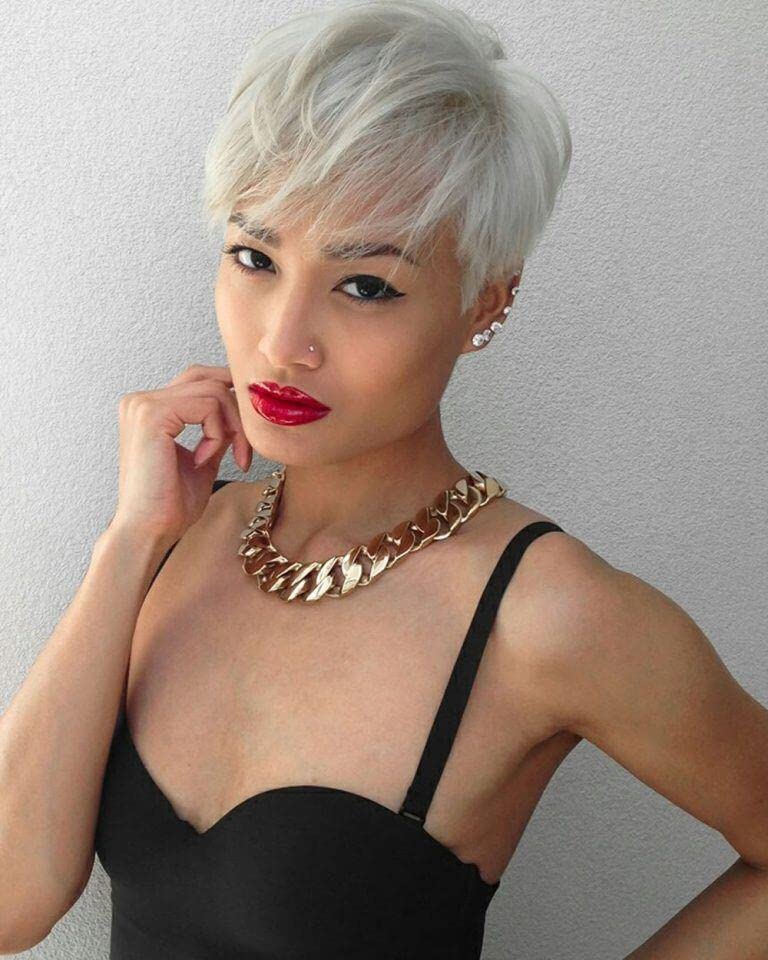 BeiSD Short Pixie Cuts Hair Wig for Women and Girls With Bangs - Synthetic for Black/White Women (X1033), Creamy White, 23.6 inches - Image 2