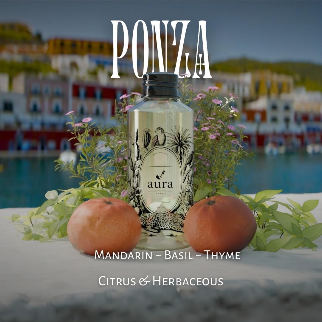 A U R A - Ponza Fragrance Oil for Waterless Scent Diffuser - Inspired by J. Malone Lime Basil Mandarin | 6.7 fl oz / 200 ml Essential Oil Blend for Aromatherapy & Hotel Collection Diffuser