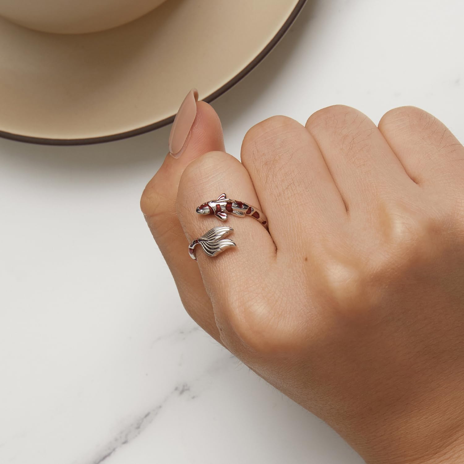 Anillo Abierto Ajustable con Forma de pez de Plata de Ley S925 para Mujeres y Adolescentes