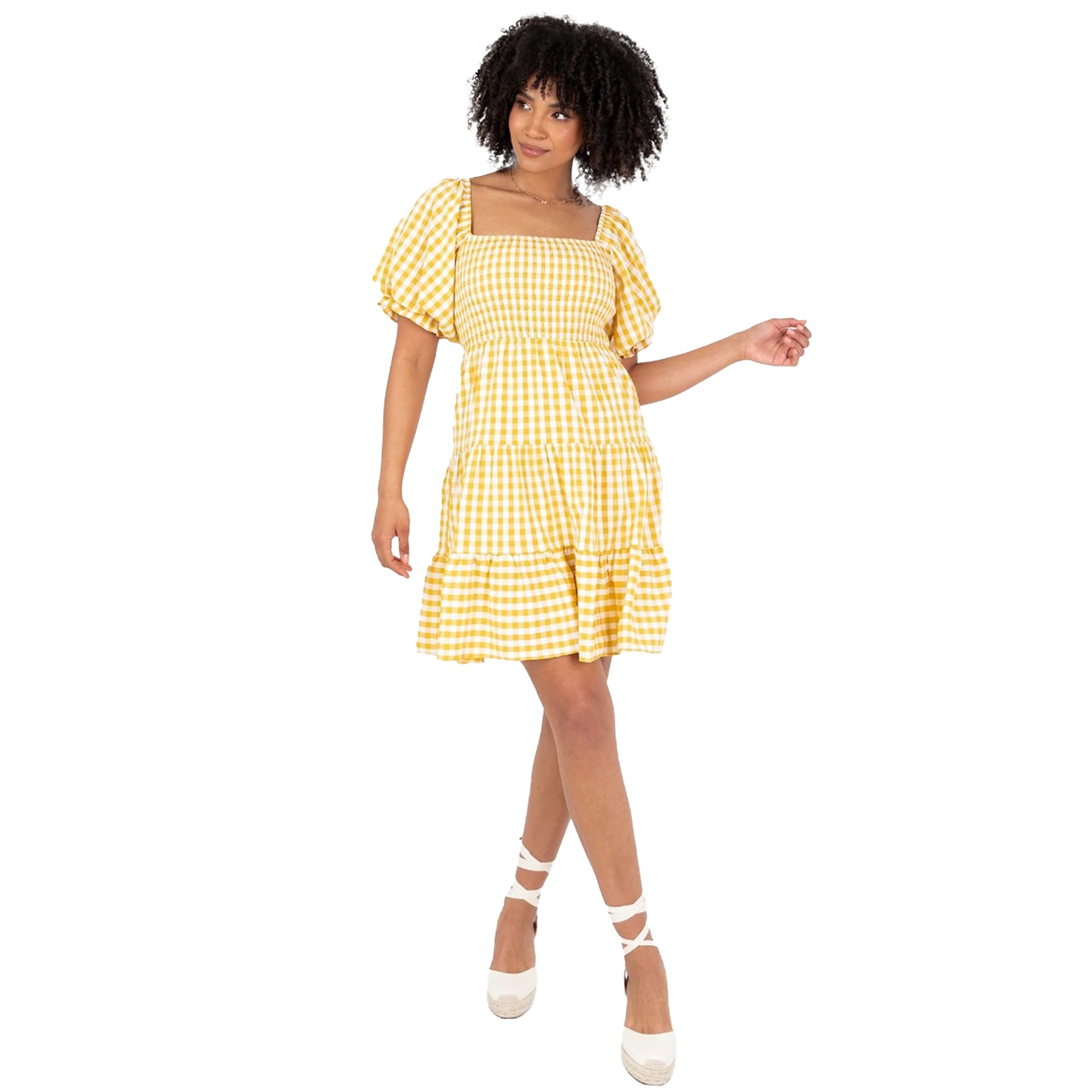 Lovedrobe Women’s Yellow Gingham Mini Dress Square Neck Puff Sleeve Smocked A-Line Tiered Skirt Summer Picnic & Holiday Outfit Size 16