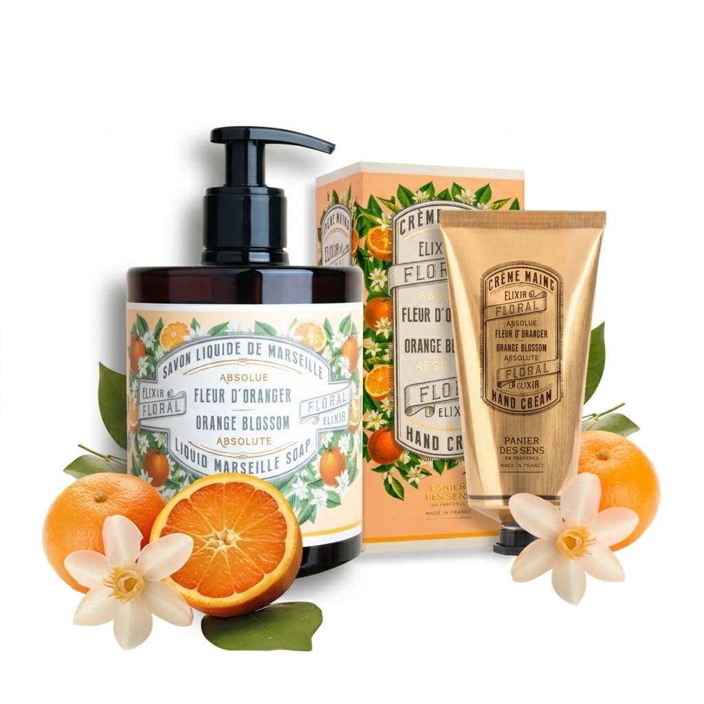 Panier des Sens Hand Care Set - Orange Blossom - Liquid Hand Soap & Hand Cream Duo - Vegan Friendly - 95% Natural Ingredients - Made in France - 16.9 + 2.5 Fl Oz