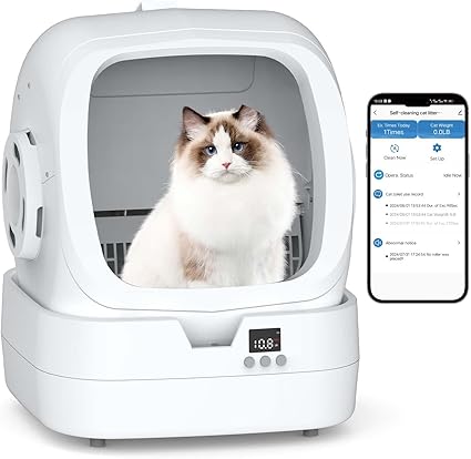 Automatic Cat Litter Box Self Cleaning - APP Control and Weight Monitoring - Ultra-Quiet, Suitable for Medium Cats and Kittens, Safe Anti-Pinch Litter Box (Assembly Required) - White