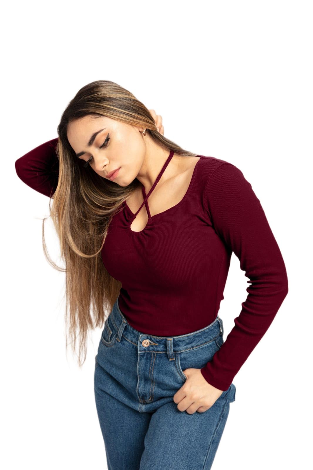 Latest Stylish Ribbed Knit Keyhole-Neck Top for Women, Long Sleeves-picture-32