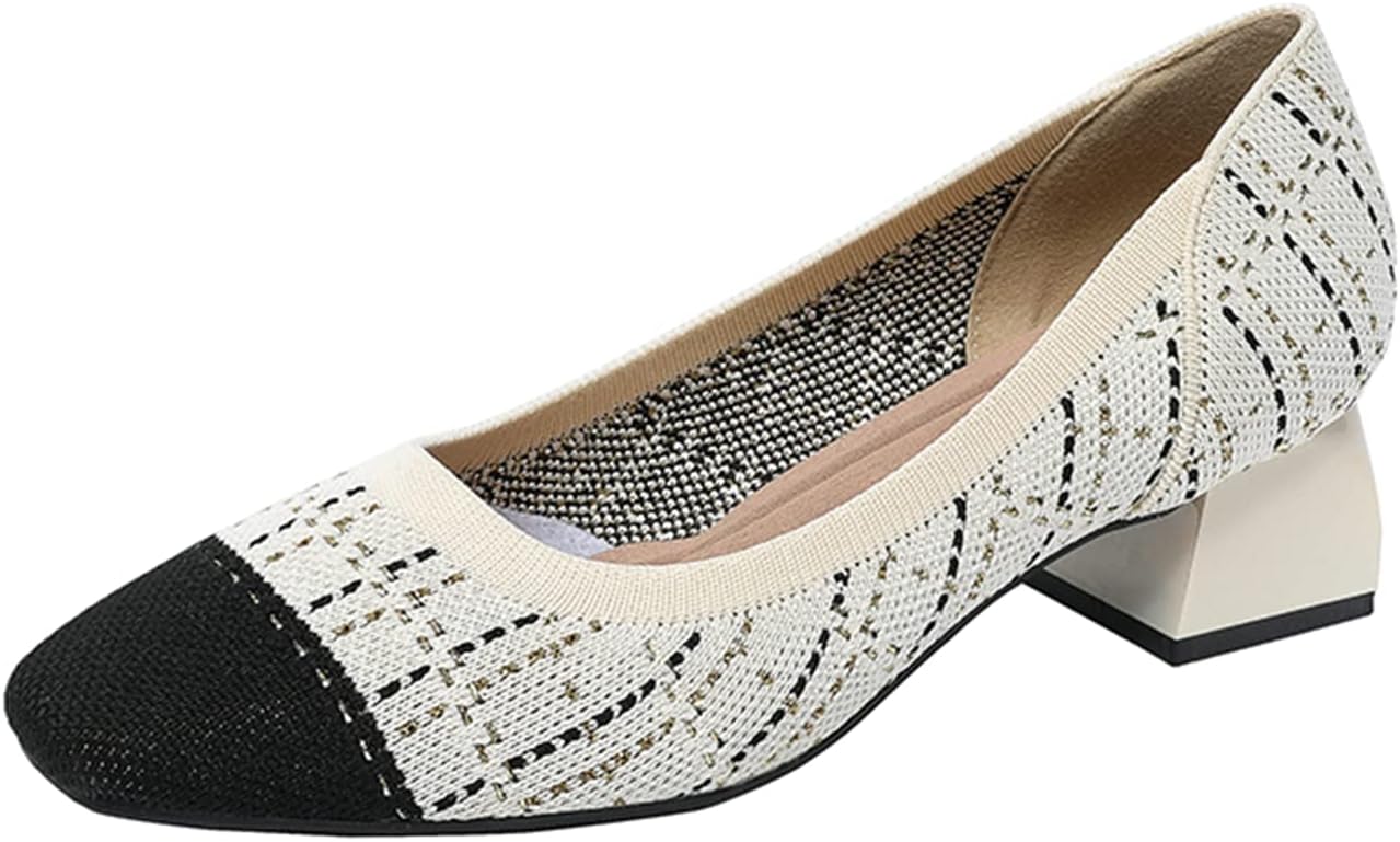 youngshow Womens Pumps Block Heels Square Toe Knit Comfortable Heel for Women Slip On Work Shoes for Woman Dress Classic Shoes Walk Office