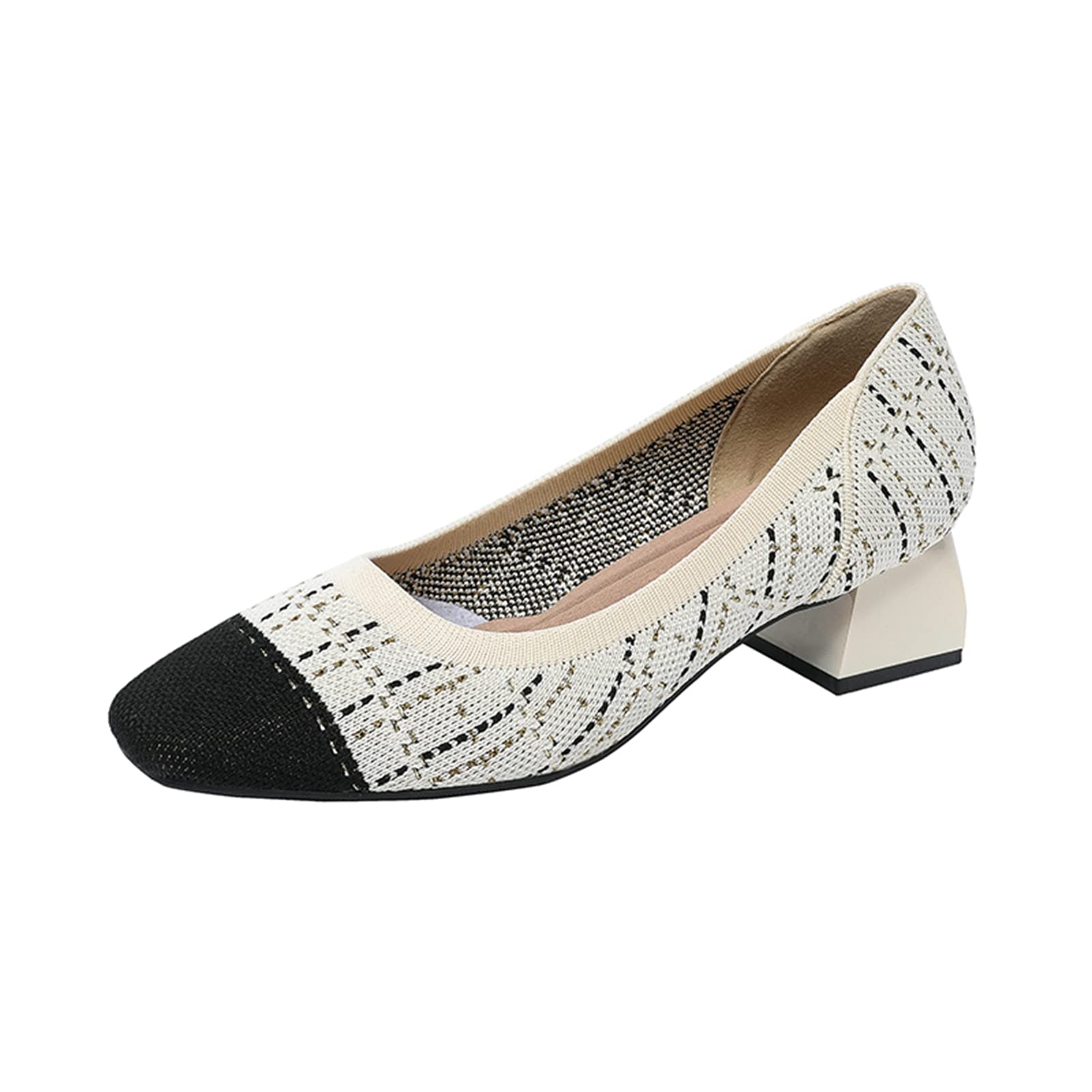 youngshow Womens Pumps Block Heels Square Toe Knit Comfortable Heel for Women Slip On Work Shoes for Woman Dress Classic Shoes Walk Office