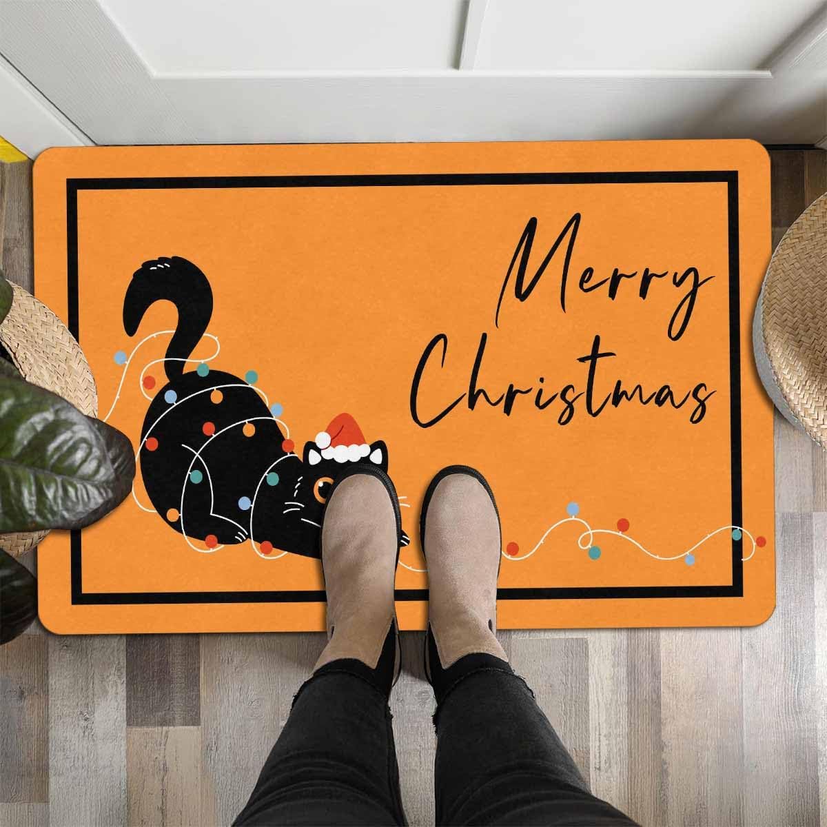 Merry Christmas Door Mat - 30*18 Inch - Black Cat in Santa Hat with Multicolored Lights - Christmas Welcome Doormat for Front Door,Entryway - Cute Door Mat for Outdoor,Indoor - Kitchen,Bathroom Decor