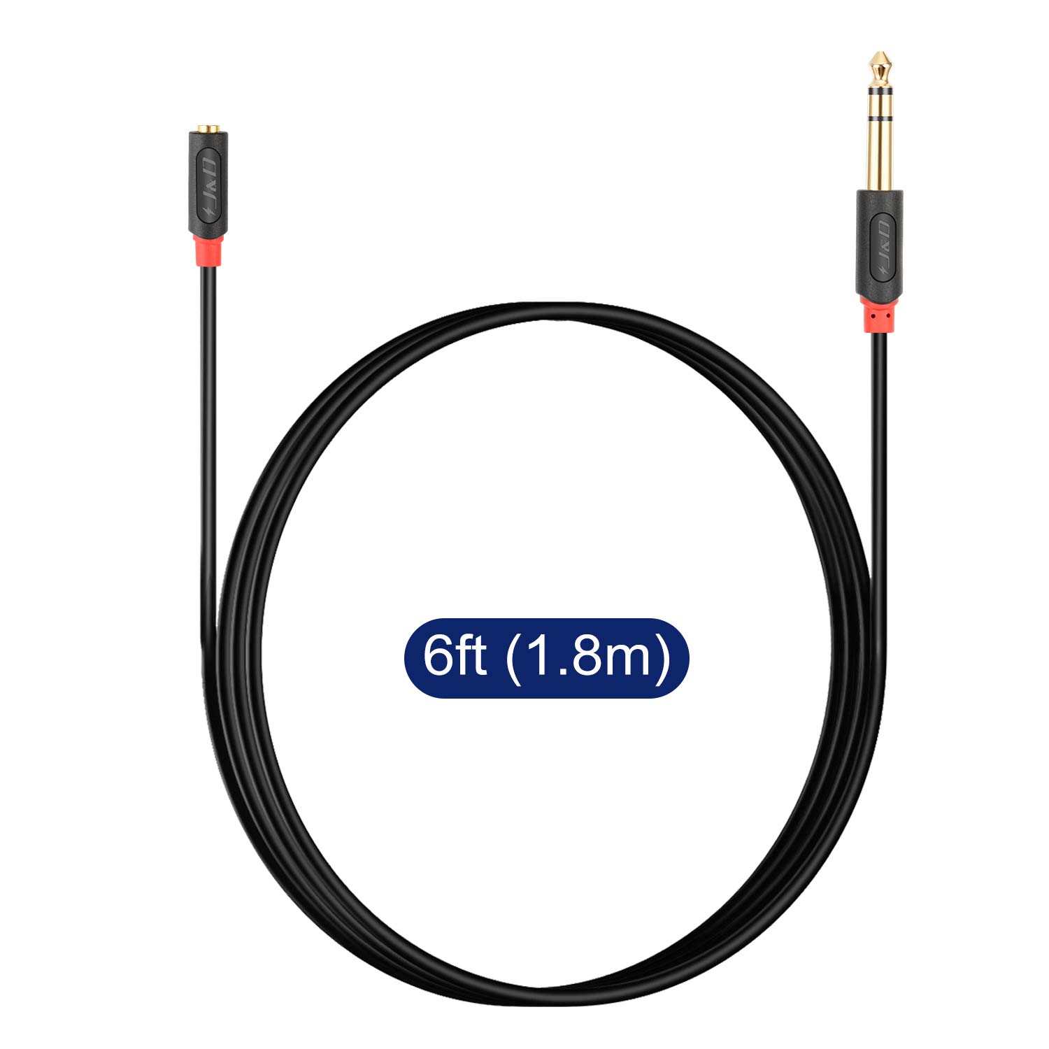 J&D Kabel przedłużający 3,5 mm na 6,35 mm, adapter stereo audio Aux 6,3 na 3,5, wtyczka jack, 24 K pozłacane styki do wzmacniacza, słuchawek, laptopów, gitary, głośników – 1,8 m