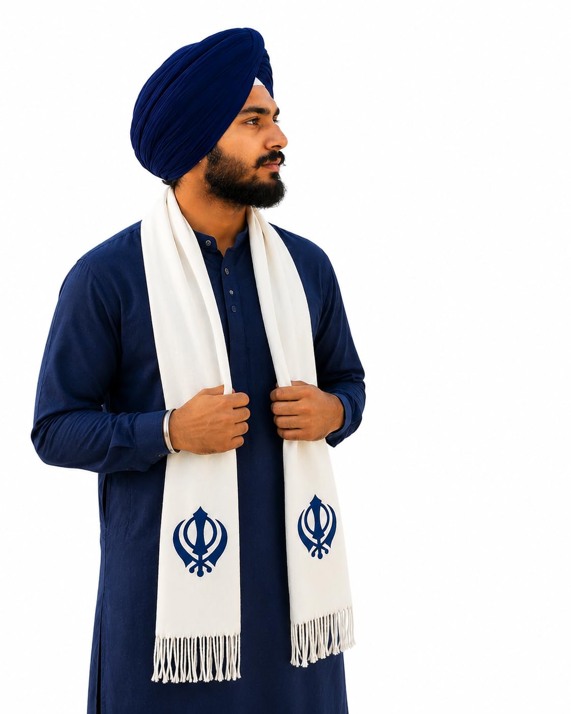 manra Sikh Printed Wool Blend Muffler for Men & Women Soft Warm White Winter Scarf with Traditional Religious Design Lightweight Neck Wrap with Tassel Fringe-picture-24