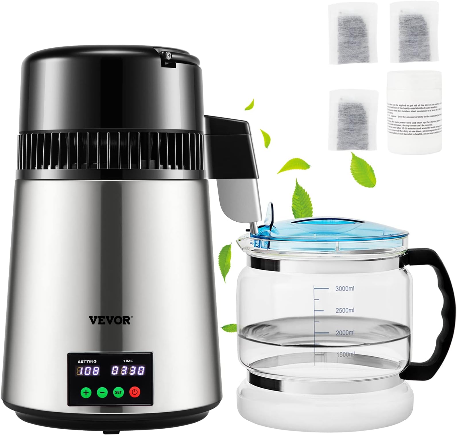 VEVOR 1.1 Gal Water Distiller, 0.3 Gal/H, Distilled Water Maker Machine 750W 0-99H Timing Set Temp Display, 304 Stainless Steel Countertop Distiller Glass Carafe Cleaning Powder 3 Carbon Packs, Silver