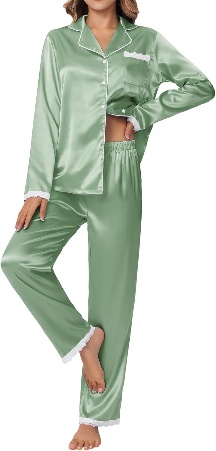 Ekouaer Satin Pajamas for Women Silk Long Sleeve Sleepwear Button Down Loungewear 2 Pieces Lace Soft Pjs Set