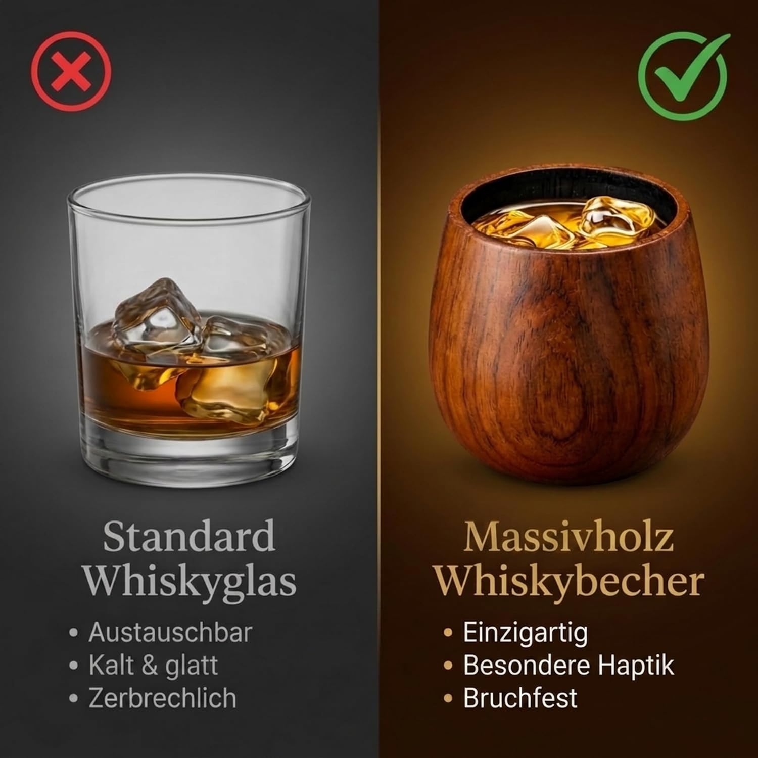 Whisky Gläser Set 2er aus Holz – Bruchfeste Holzbecher Whiskey Gläser – auch als Rum Gläser, Tumbler Glas & Cocktail Gläser geeignet – Ideal als Whisky Geschenkset, Geschenk für Papa & Männergeschenke