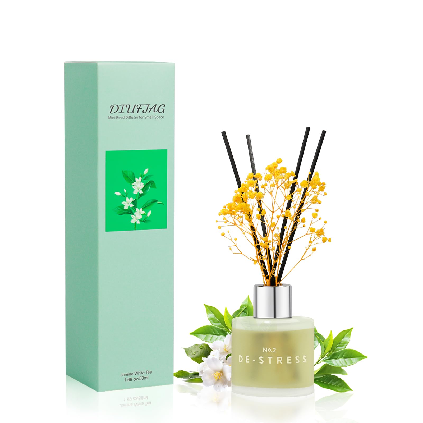 Jasmine White Tea Scent Diffuser, 50ml Reed Diffuser with Dried