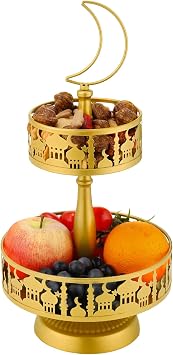 Ramadan Serving Trays - 2 Tiered Metal Platters Eid Mubarak Islam Muslim Al-Fitr Iftar Party Food Serving Tray Ramadan Decoration for Home Breakfast Dinner Table Decor Gold Castle