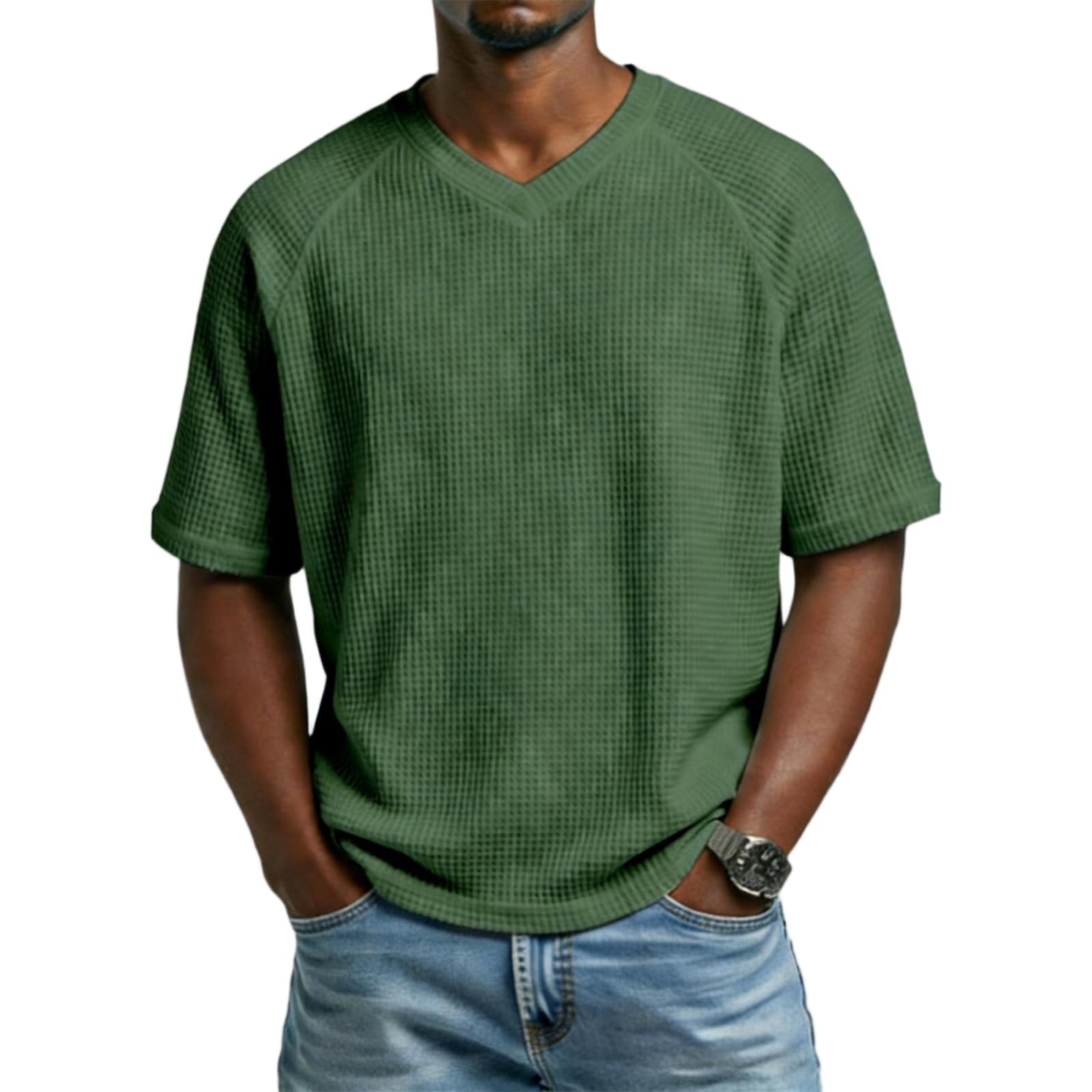 T-Shirts à Manches Courtes Homme Gaufre Chemise Uni Décontracté- Col en V - Confortable et Respirant- Classique - Solide - T-Shirt Tendance pour Homme - 5