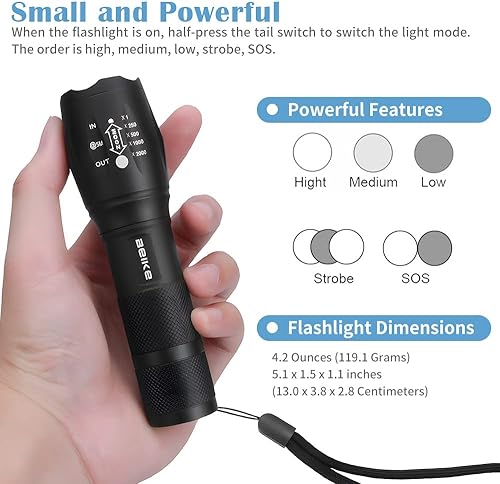 Miniatura 5 de Beike Linternas, paquete de 2 linternas tácticas de alto lúmenes, potente luz de flash pequeña, linterna LED súper brillante, linternas impermeables