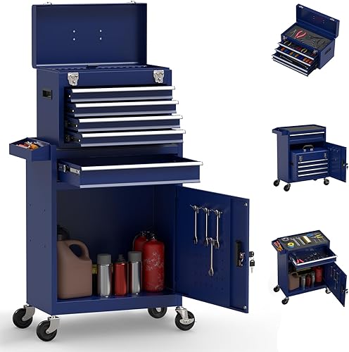 Miniatura 8 de Cofre de herramientas rodante de alta capacidad de 5 cajones, caja de herramientas extraíble sobre ruedas, caja de herramientas con cerradura, Negro