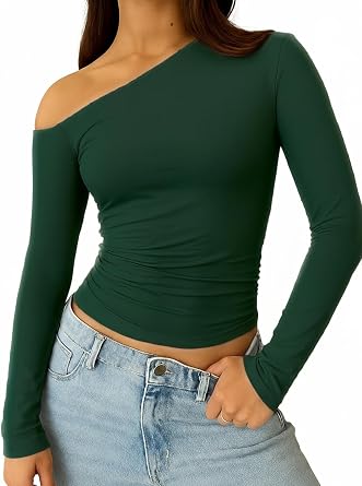 ForeFair Women Sexy Off The Shoulder Long Sleeve Top Y2k Ruched Going Out Tops Cute Slim Fit Fall T-Shirts