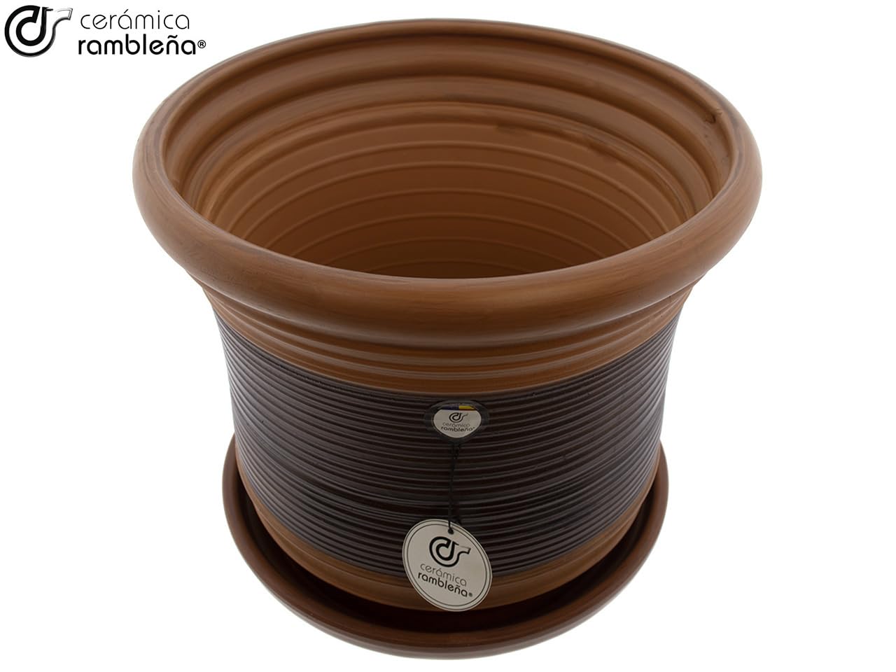 CERÁMICA RAMBLEÑA | Maceta Grande | Maceta Original | Maceta Exterior | Maceta Suelo Campana Baja Marrón-Nogal - Modelo J28 | Plato Incluido | 33x33x30 cm