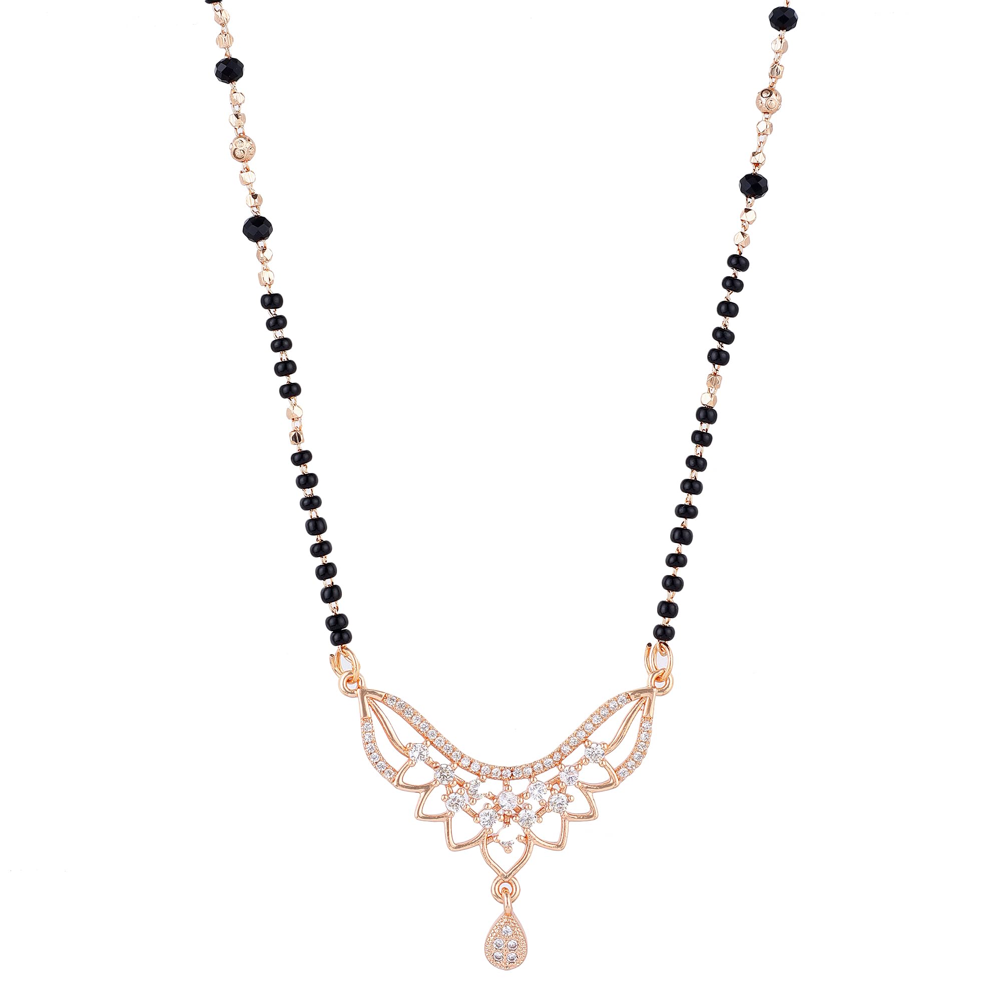 Rose Gold Plated American Diamond Mangalsutra with Black Beads for Women-image-31