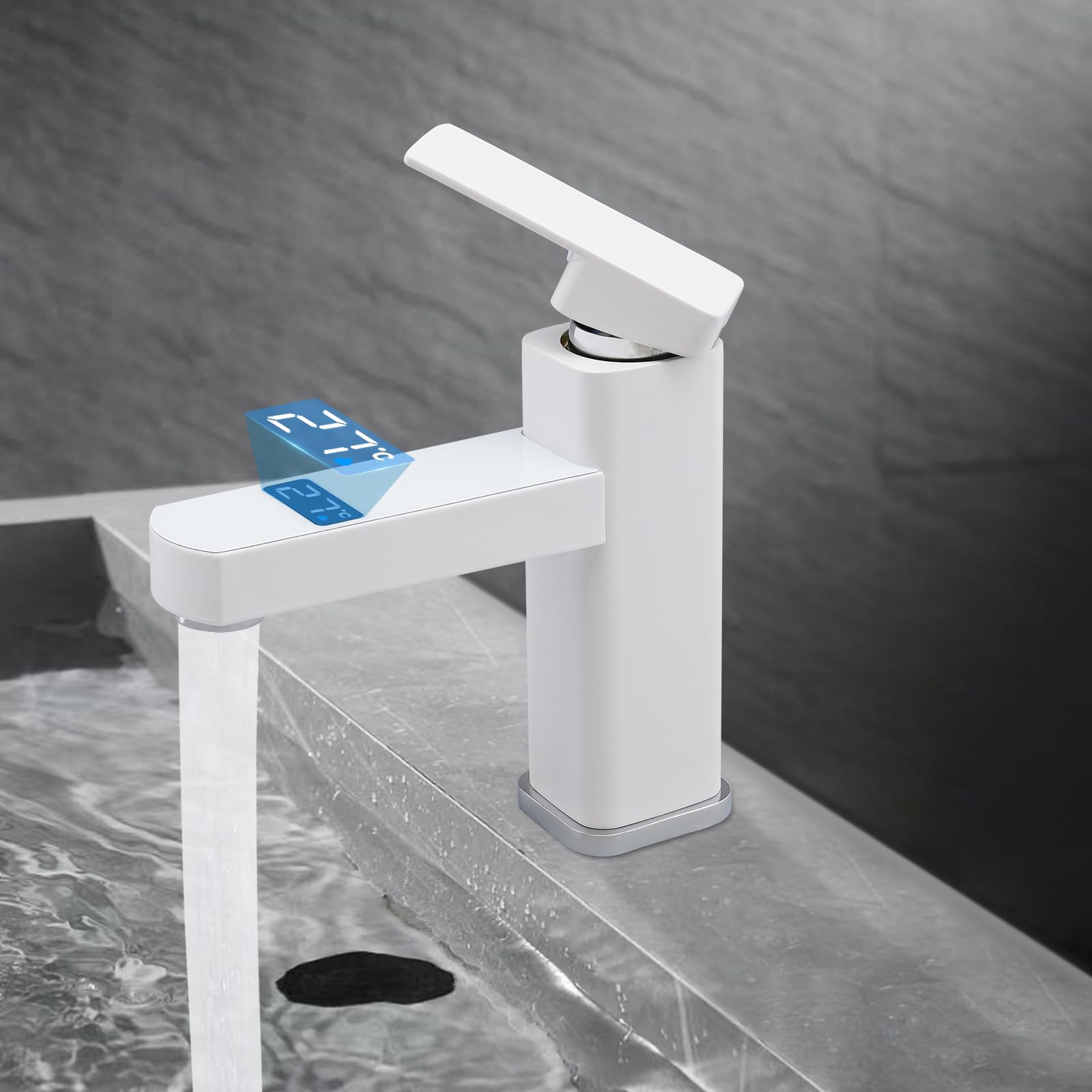 Cyfrowy kran ze wskaźnikiem temperatury LED, jednouchwytowy mikser do ciepłej i zimnej wody, wkład ceramiczny, perlator powietrza, przyłącze G1/2", do kuchni, łazienki, umywalki – biały