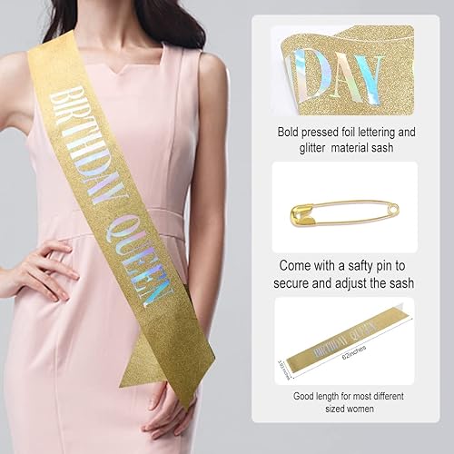 Miniatura 3 de Juego de banda y tiara de diamantes de imitación de "Birthday Queen", decoraciones de CURASA para cumpleaños, banda de cumpleaños, tiaras y coronas