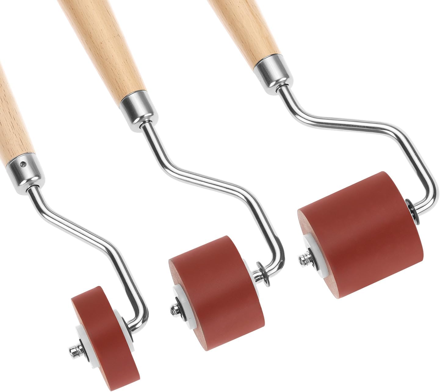 QWORK 3pcs Rubber Brayer Roller Set, 1.18" 0.78" 0.39" Mini Ink Rollers with Wooden Handle & Stainless Steel Frame for Printmaking, Stamping, Inking Blocks, Carving Surfaces
