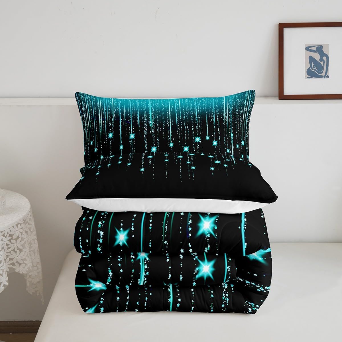 Feelyou Abstract Ombre Comforter Set Teal Black Teens Bedding Set for Boys Girls Women Kids Modern Geometric Comforter Glitter Galaxy Stars Decor Quilt Set Bedroom Collection 3Pcs Full Size