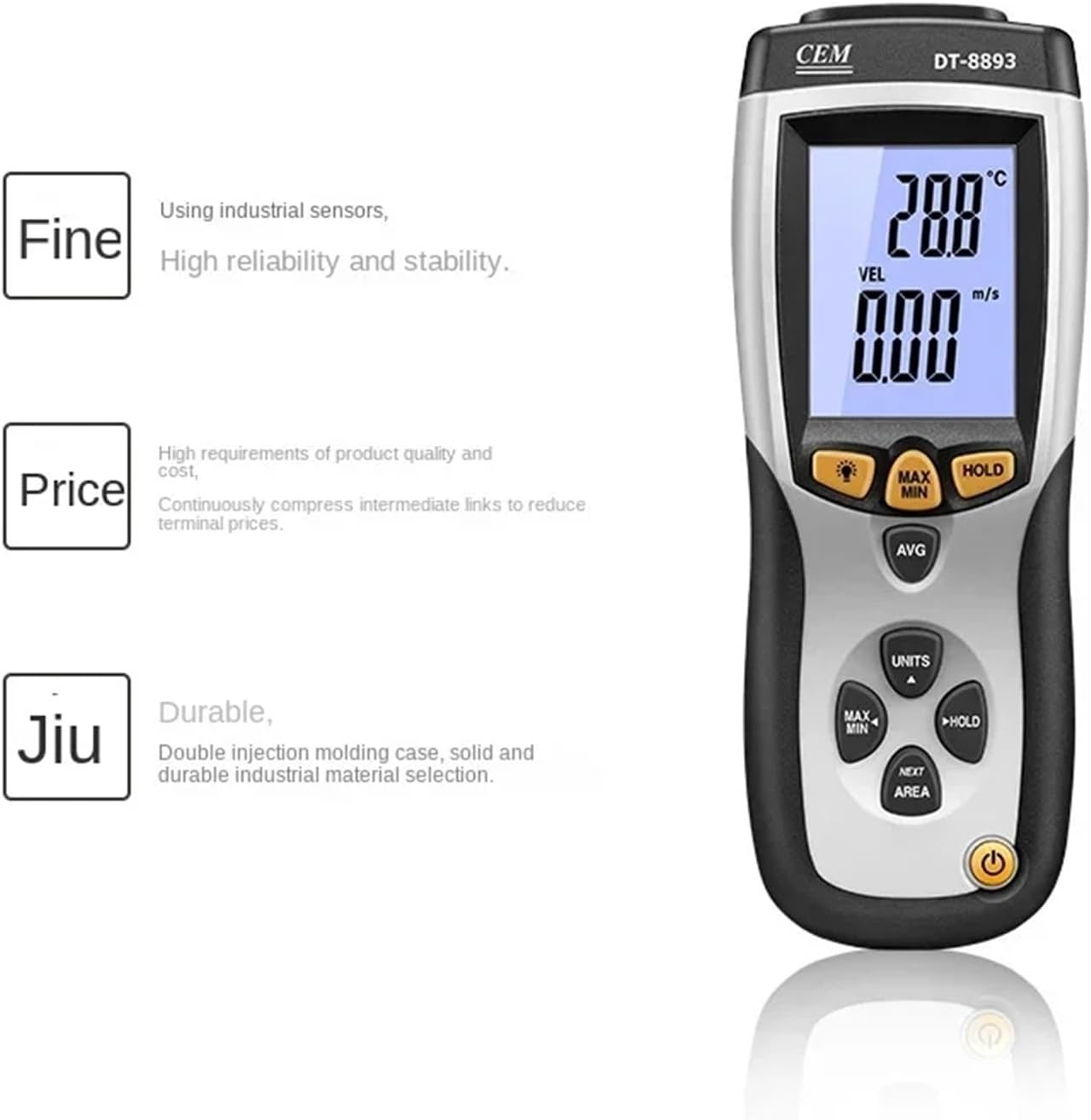DT-8893 CMM/CFM 0~30m/s Wind Speed Meter Direction Air Flow or Velocity Plus Ambient Temperature Wind Digital Anemometer