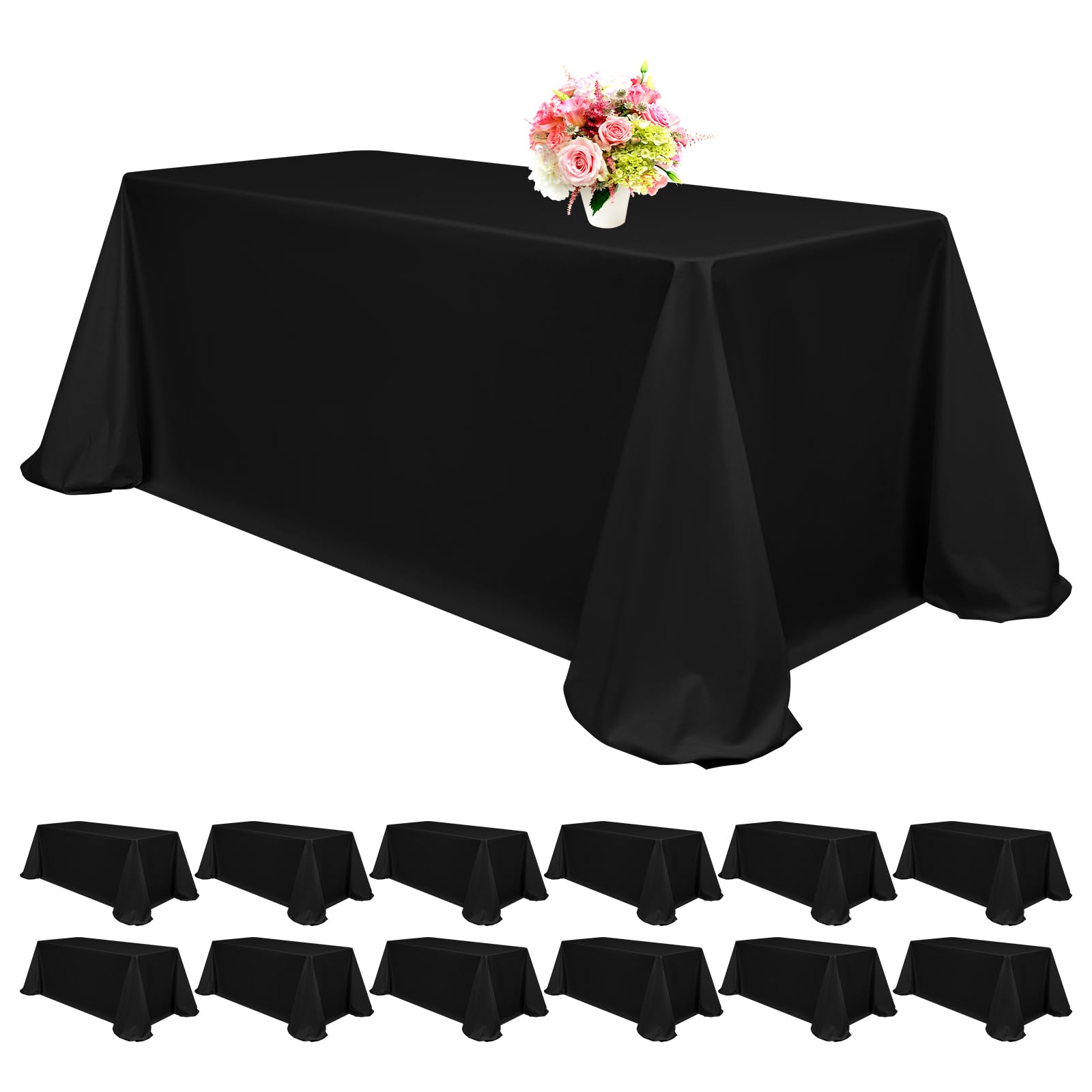 Photo 1 of 12 Pack Black Tablecloths for 8ft Rectangle Tables 90 x 132 Inch - Polyester Table Cover Stain and Wrinkle Resistant Washable Fabric Table Clothes for Wedding Party Banquet Reception Restaurant