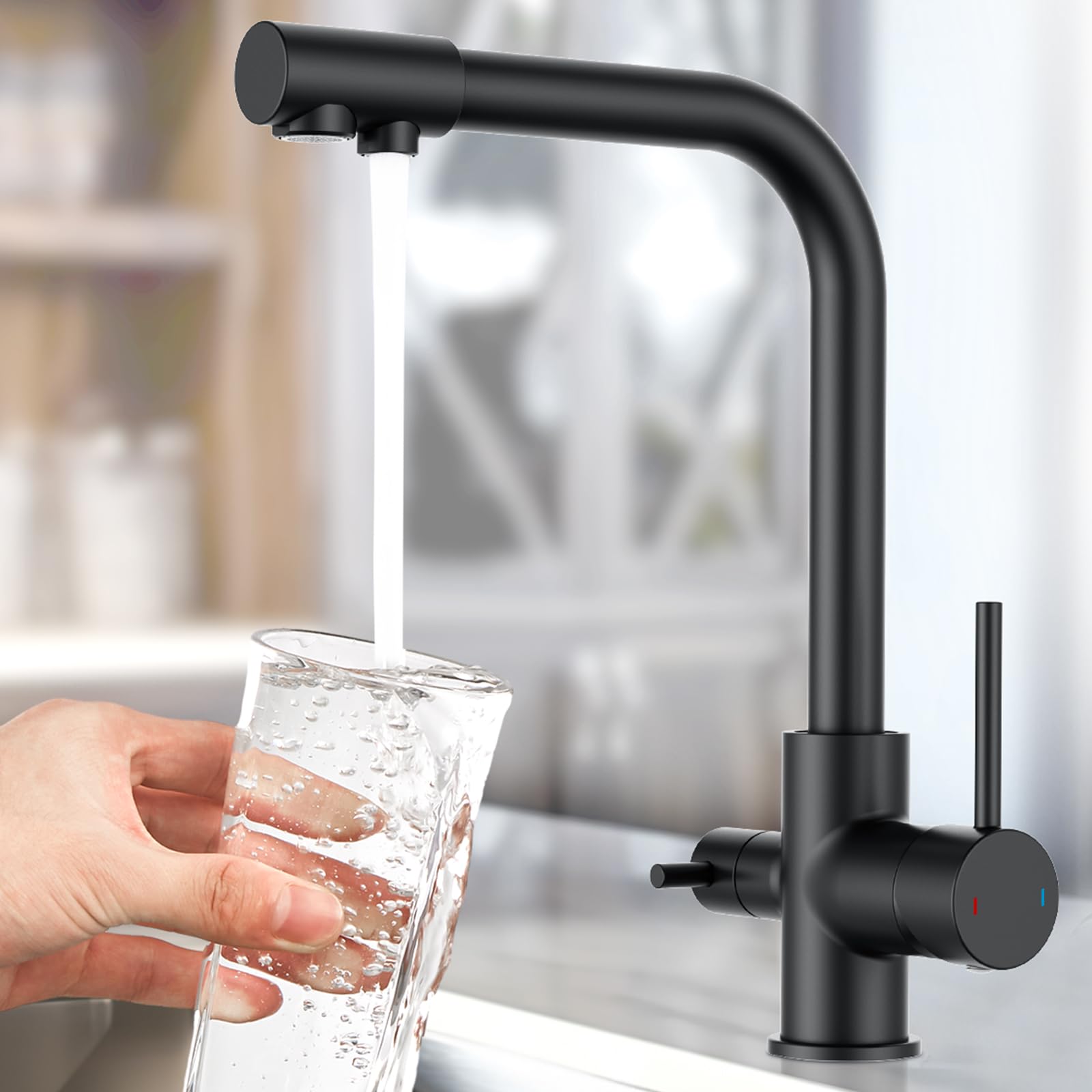 FORIOUS Rubinetto Lavello Cucina Nero, Miscelatore Cucina Rubinetto 3 Vie per Depuratore, Acciaio Inossidabile a Due Maniglie con Beccuccio Acqua Potabile e Girevole