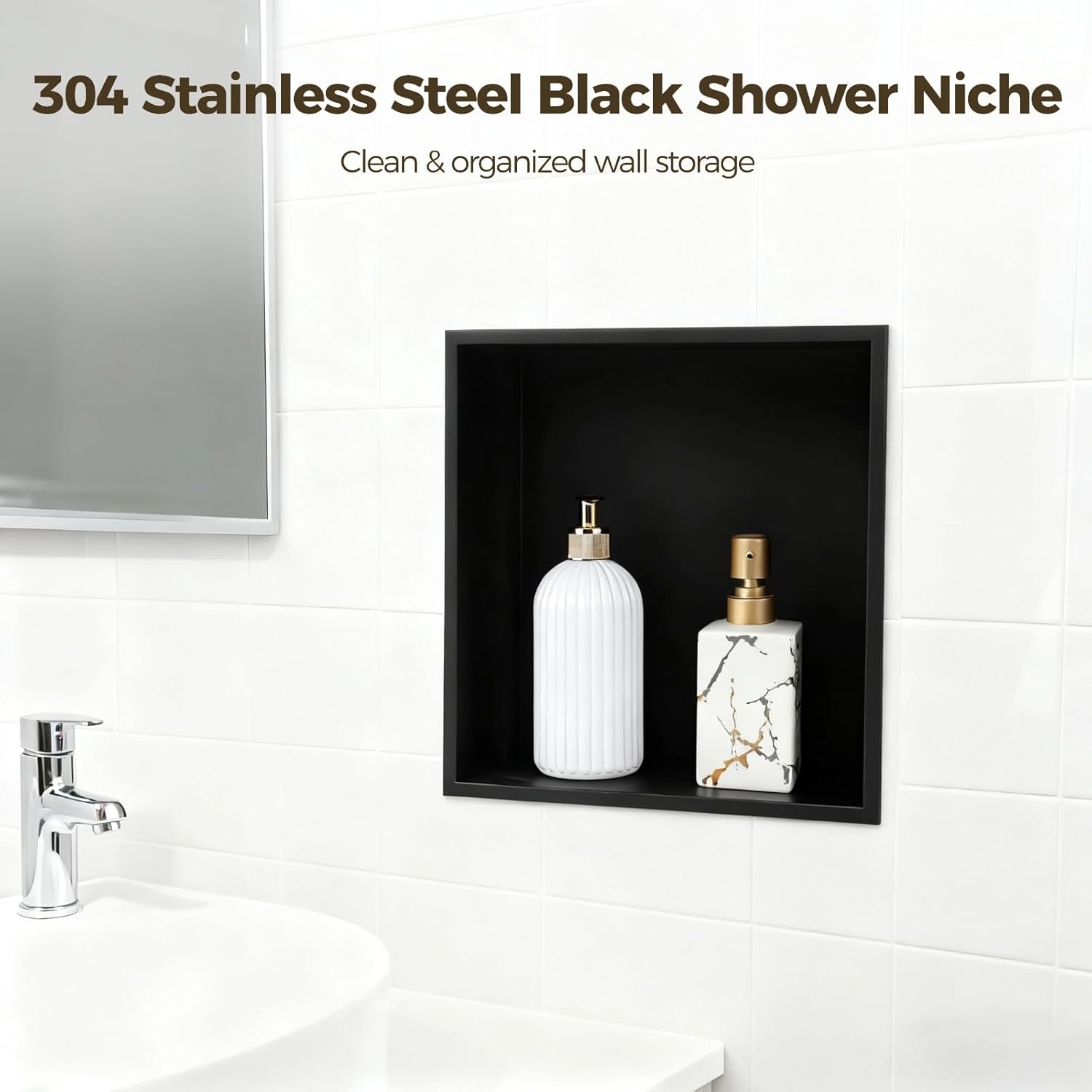 304 Stainless Steel Black Shower Niche, 12.6 x 12.6 x 4.9 in Recessed Bathroom Wall Niche, No Tile Needed Niche, In-Wall Storage Organizer for Bathroom, Kitchen