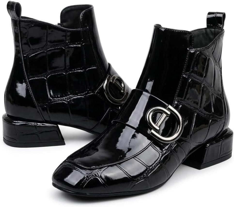 NICO×ASH Botines de charol para mujer Botines con hebilla británica | Botines de charol con textura de cocodrilo, elegante hebilla, tacón bajo y grueso y cremallera lateral. Ideal para casual, trabajo y fiestas.
