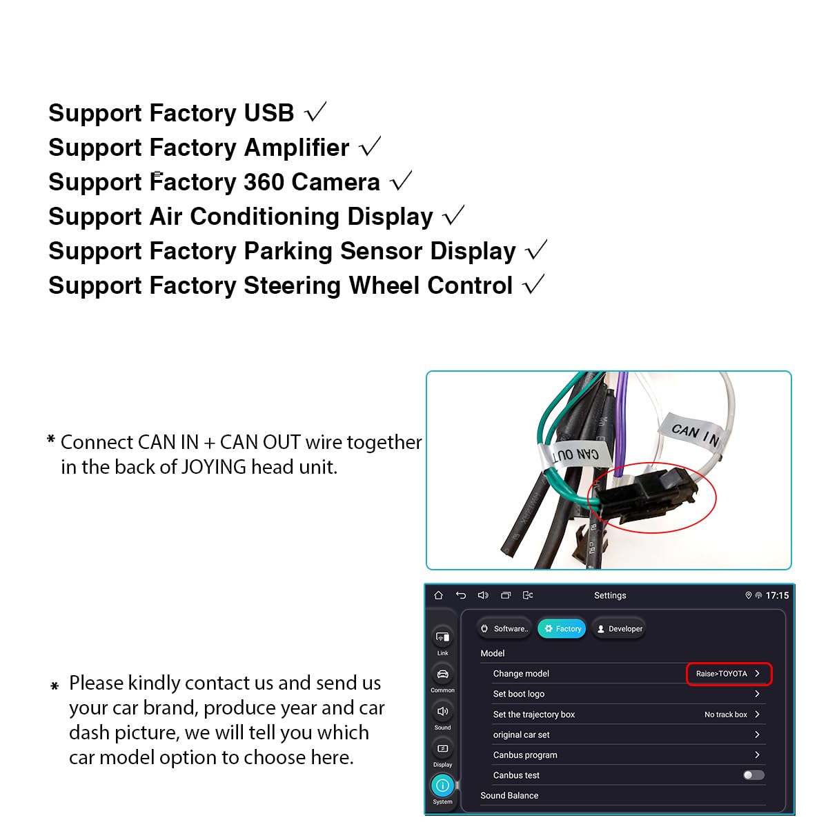Screenshot of Joying head unit settings showing 'Car settings' and 'Sound effects' menus. Car settings include options for driver position, AC float button, AC switch, AC display, door switch, door open/close, and rear door reverse. Sound effects show Fad-Bal and speaker volume adjustments.