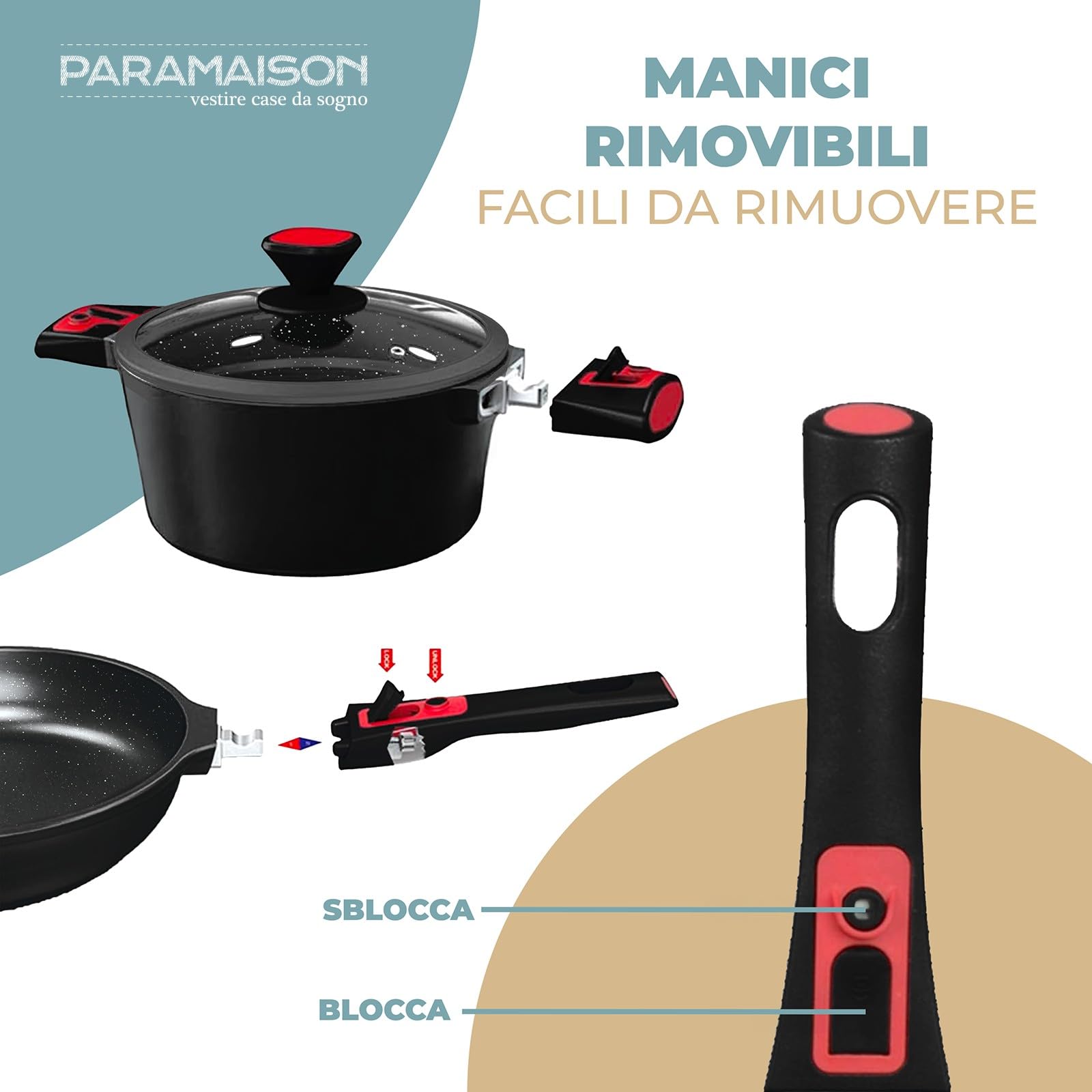 PARAMAISON Batteria Pentole e Padelle Antiaderenti, Set da 24 Pezzi con Mestoli, Coperchi in Vetro Temperato, Manico Removibile, Senza Pfoa | Nero