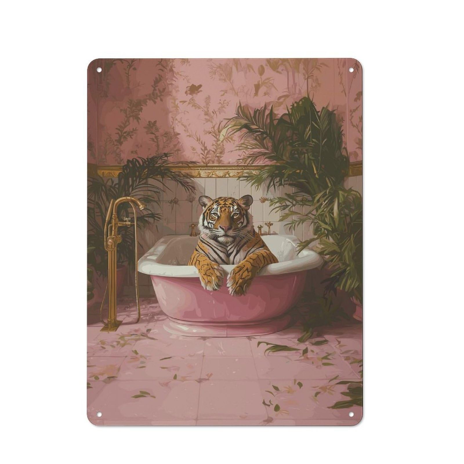 Junmoney Tiger In A Pink Tub Tin Wall Plaque 40X30cm With For Guest Room Or Hallway, For Hallway Wall Decor Fans