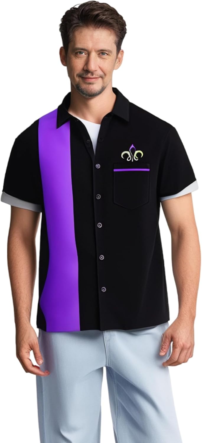 Mens Mardi Gras Shirt Print Short Sleeve Hawaiian Bowling Casual Button Down Beach Shirts - Image 4