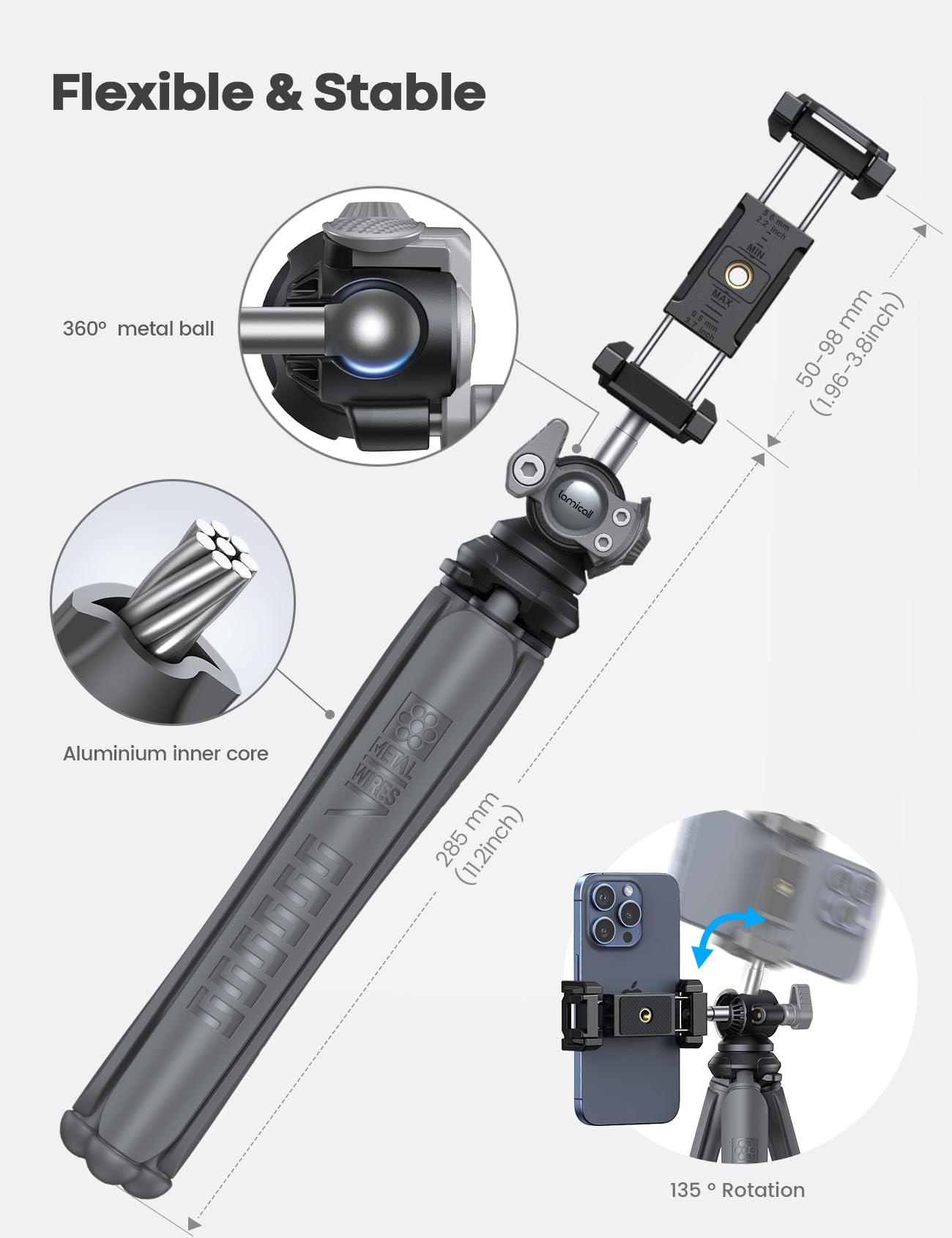 Lamicall Treppiede Smartphone Flessibile - [3 in 1] Mini Treppiede Cellulare Portatile con Telecomando Senza Fili, 360° Rotazione, Treppiede Portatile con vite 1/4" per iPhone/Android/Fotocamera/GoPro